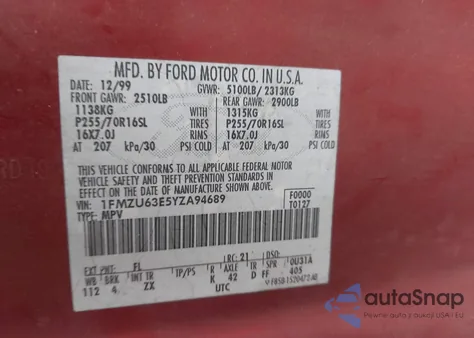 2000 Ford Explorer Xlt z USA, uszkodzony, nr VIN 1FMZU63E5YZA94689